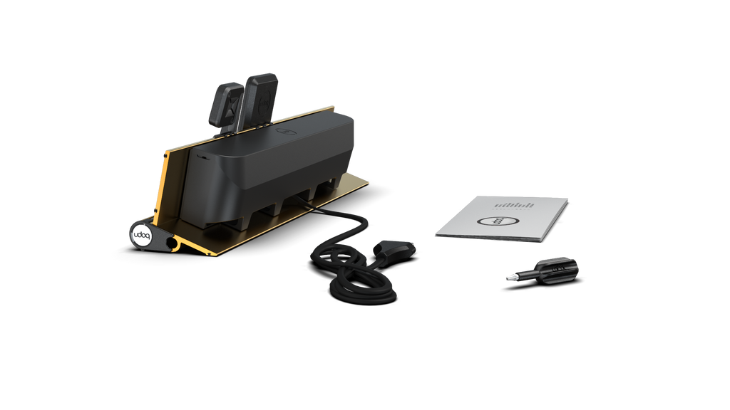 udoq 400 PREMIUM WATCH gold - 4 fach Ladestation gefräst und eloxiert aus solidem Aluminium. Exklusives Design mit patentierten verschiebbaren Anschlüssen. Lade platzsparend alle iPad, iPhone, AirPods, Apple Watch und Android Geräte mit bis zu 136W.