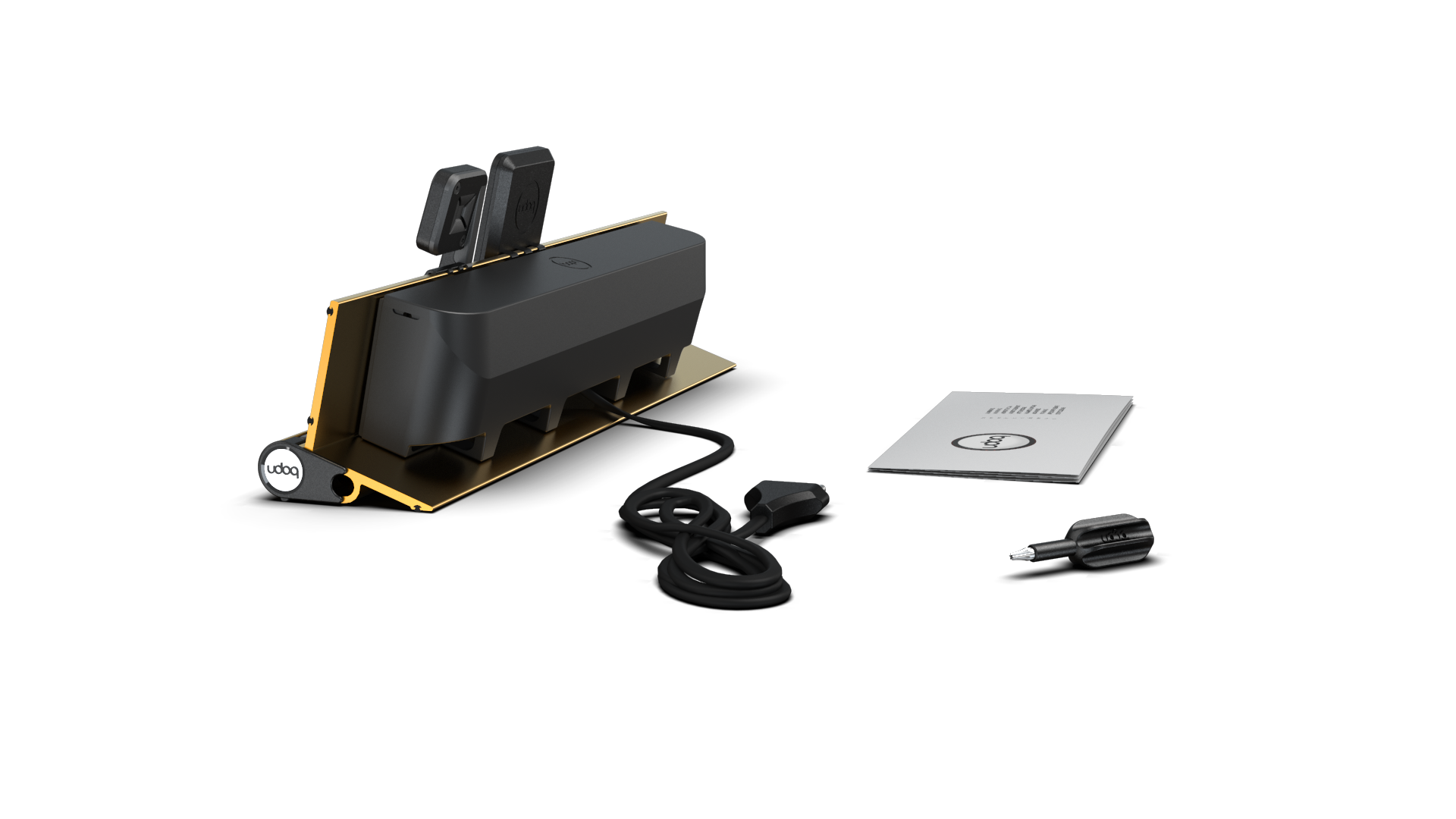 udoq 400 PREMIUM WATCH gold - 4 fach Ladestation gefräst und eloxiert aus solidem Aluminium. Exklusives Design mit patentierten verschiebbaren Anschlüssen. Lade platzsparend alle iPad, iPhone, AirPods, Apple Watch und Android Geräte mit bis zu 136W.