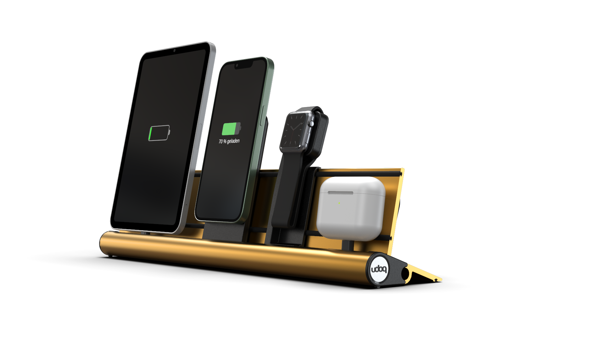 udoq 400 PREMIUM WATCH gold - 4 fach Ladestation gefräst und eloxiert aus solidem Aluminium. Exklusives Design mit patentierten verschiebbaren Anschlüssen. Lade platzsparend alle iPad, iPhone, AirPods, Apple Watch und Android Geräte mit bis zu 136W.