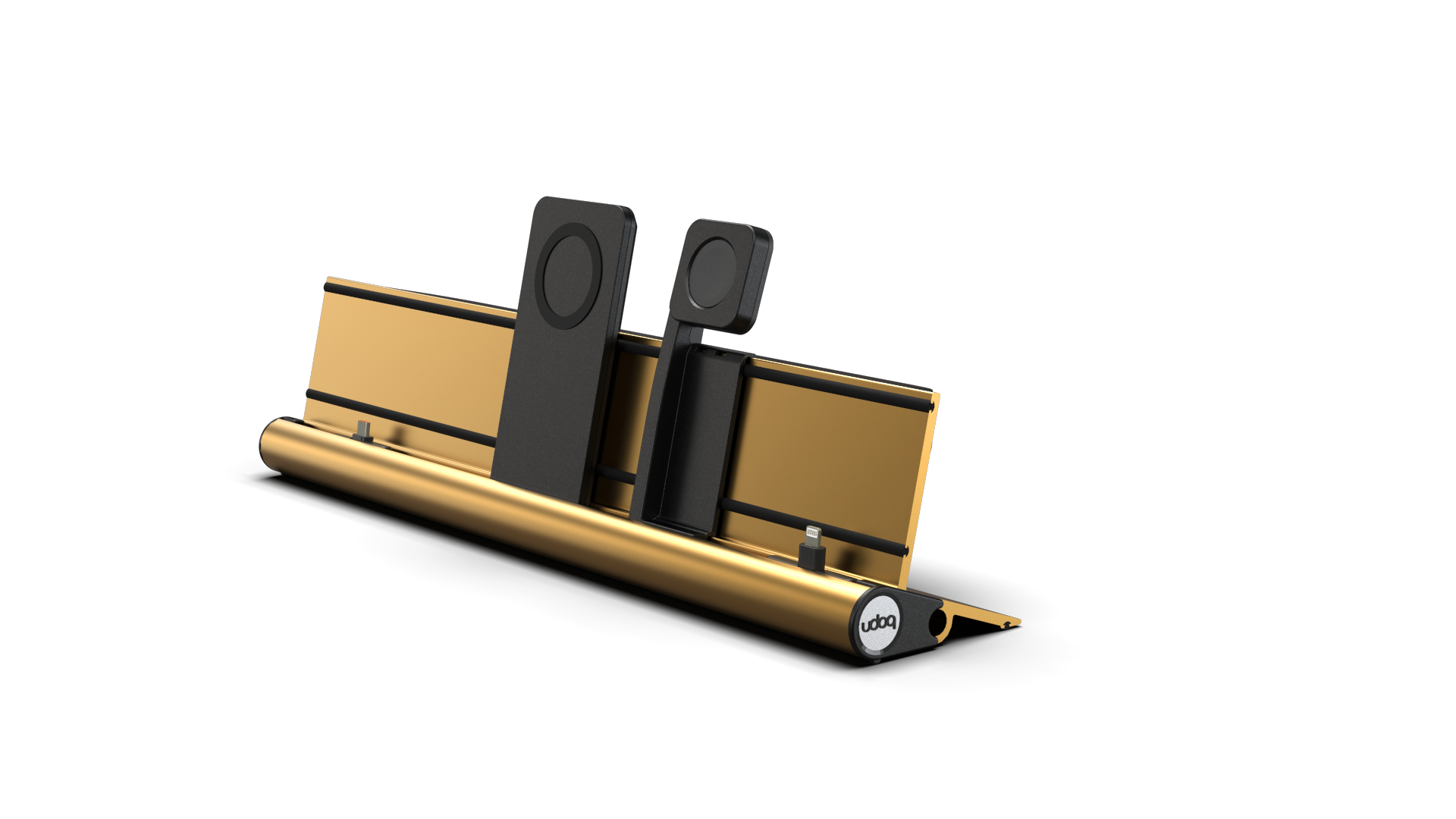 udoq 400 PREMIUM WATCH gold - 4 fach Ladestation gefräst und eloxiert aus solidem Aluminium. Exklusives Design mit patentierten verschiebbaren Anschlüssen. Lade platzsparend alle iPad, iPhone, AirPods, Apple Watch und Android Geräte mit bis zu 136W.