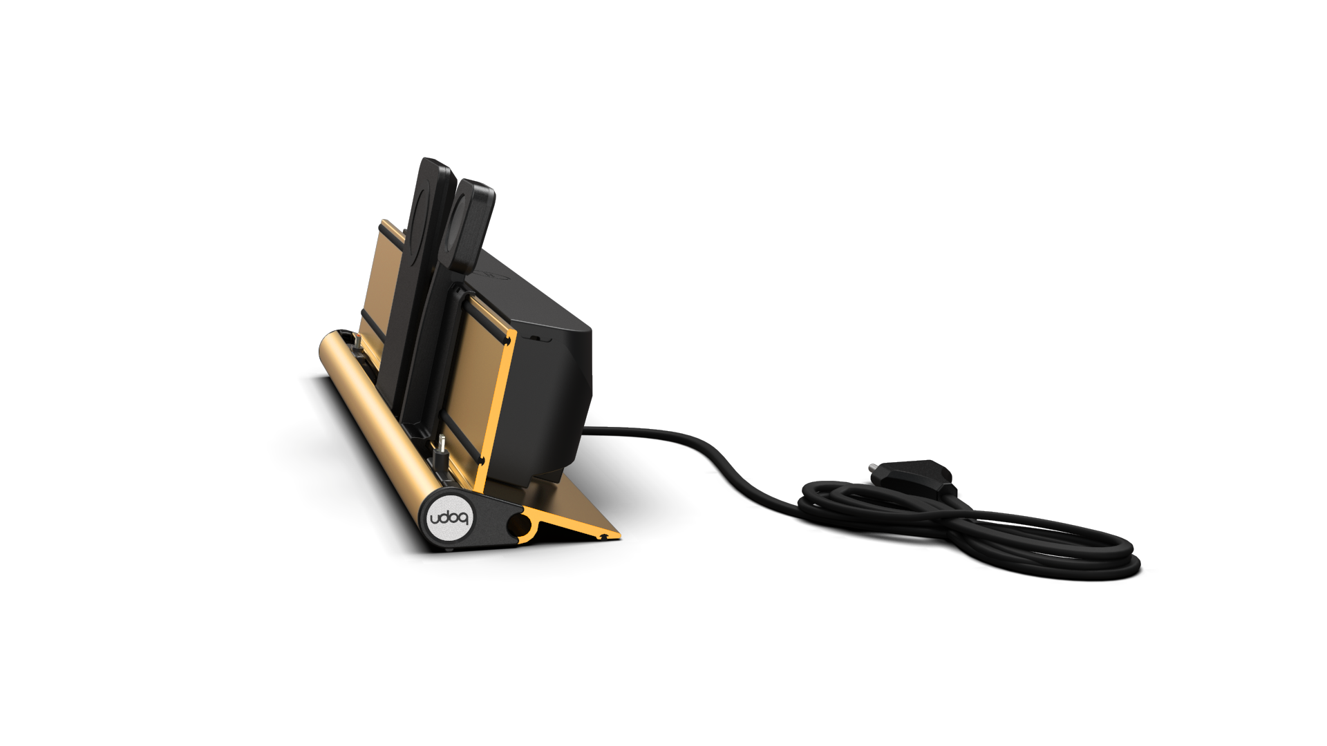 udoq 400 PREMIUM WATCH gold - 4 fach Ladestation gefräst und eloxiert aus solidem Aluminium. Exklusives Design mit patentierten verschiebbaren Anschlüssen. Lade platzsparend alle iPad, iPhone, AirPods, Apple Watch und Android Geräte mit bis zu 136W.