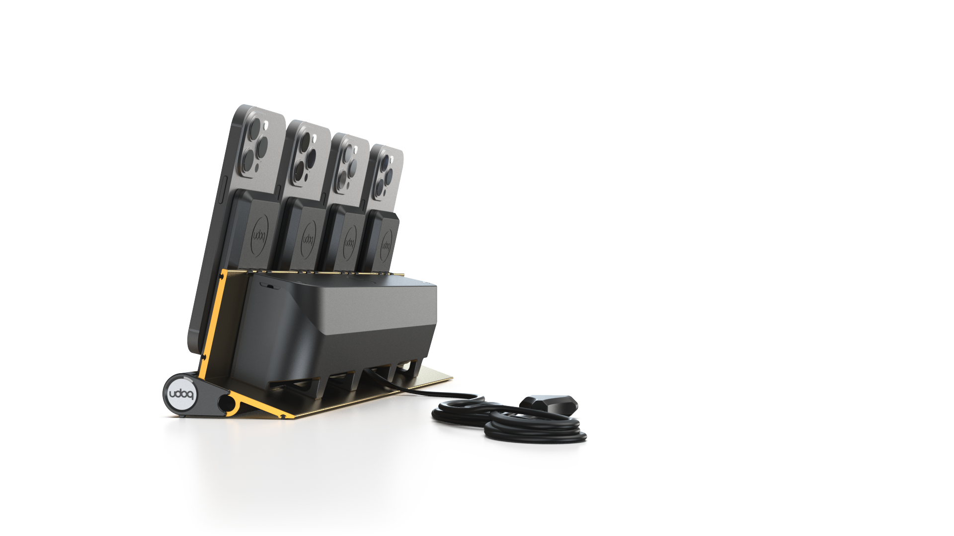 udoq 400 PRO MAGNETIC gold - 4 fach Ladestation gefräst und eloxiert aus solidem Aluminium. Mit 4 Magnetic MagSafe Adaptern für 4 iPhones.