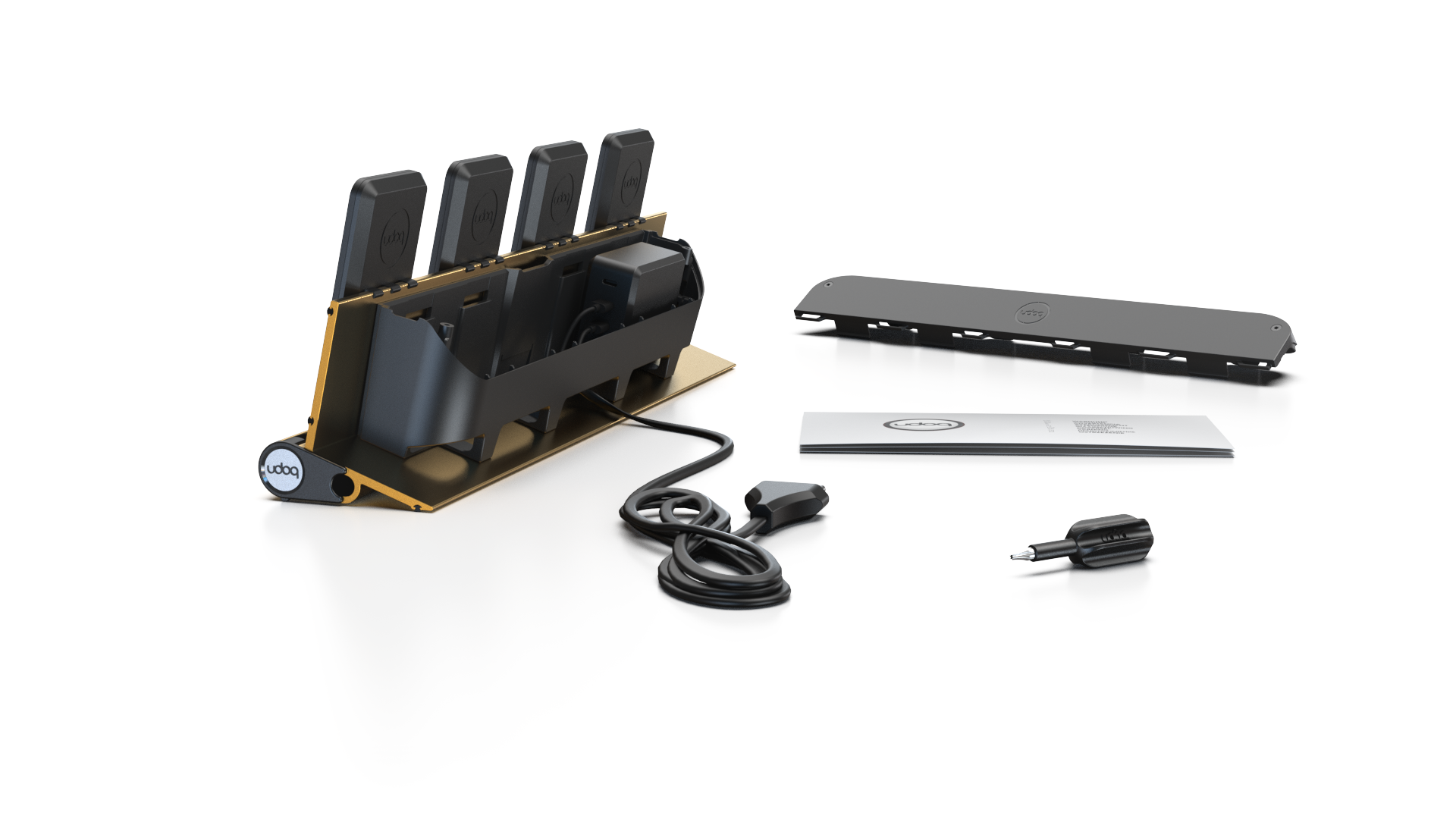 udoq 400 PRO MAGNETIC gold - 4 fach Ladestation gefräst und eloxiert aus solidem Aluminium. Mit 4 Magnetic MagSafe Adaptern für 4 iPhones.