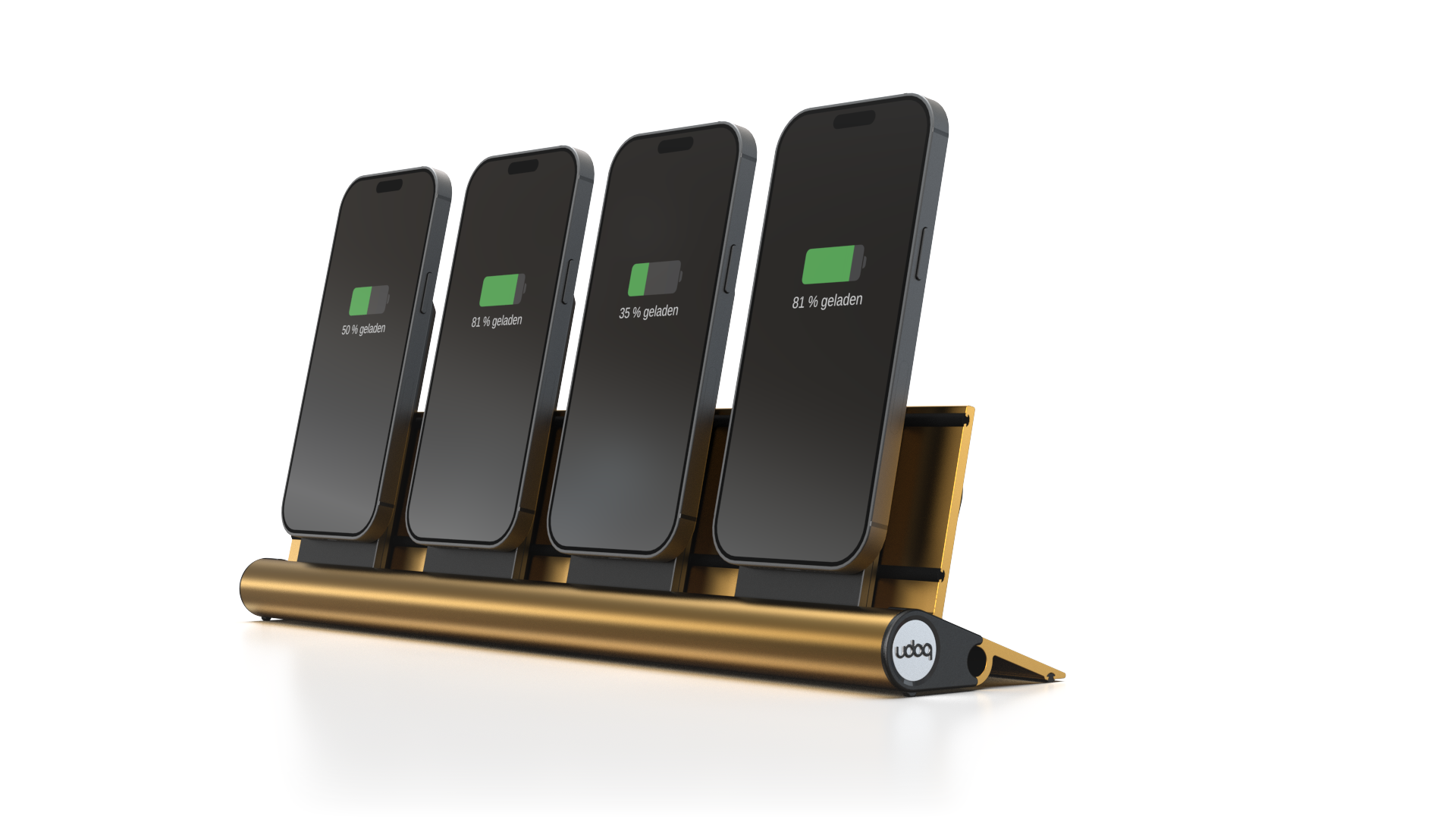 udoq 400 PRO MAGNETIC gold - 4 fach Ladestation gefräst und eloxiert aus solidem Aluminium. Mit 4 Magnetic MagSafe Adaptern für 4 iPhones.