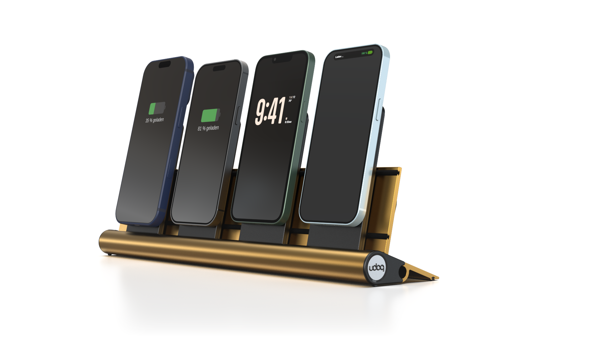 udoq 400 PRO MAGNETIC gold - 4 fach Ladestation gefräst und eloxiert aus solidem Aluminium. Mit 4 Magnetic MagSafe Adaptern für 4 iPhones.