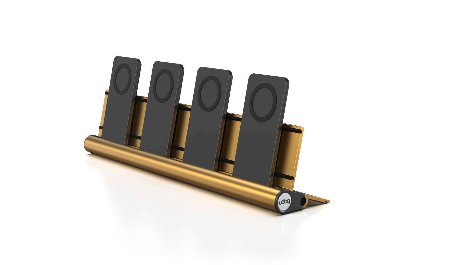 udoq 400 PRO MAGNETIC gold - 4 fach Ladestation gefräst und eloxiert aus solidem Aluminium. Mit 4 Magnetic MagSafe Adaptern für 4 iPhones.