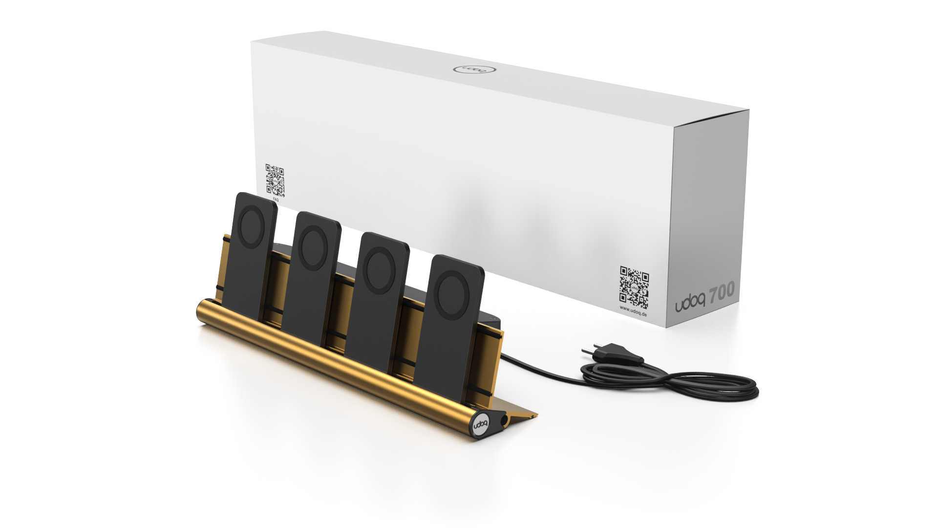 udoq 400 PRO MAGNETIC gold - 4 fach Ladestation gefräst und eloxiert aus solidem Aluminium. Mit 4 Magnetic MagSafe Adaptern für 4 iPhones.