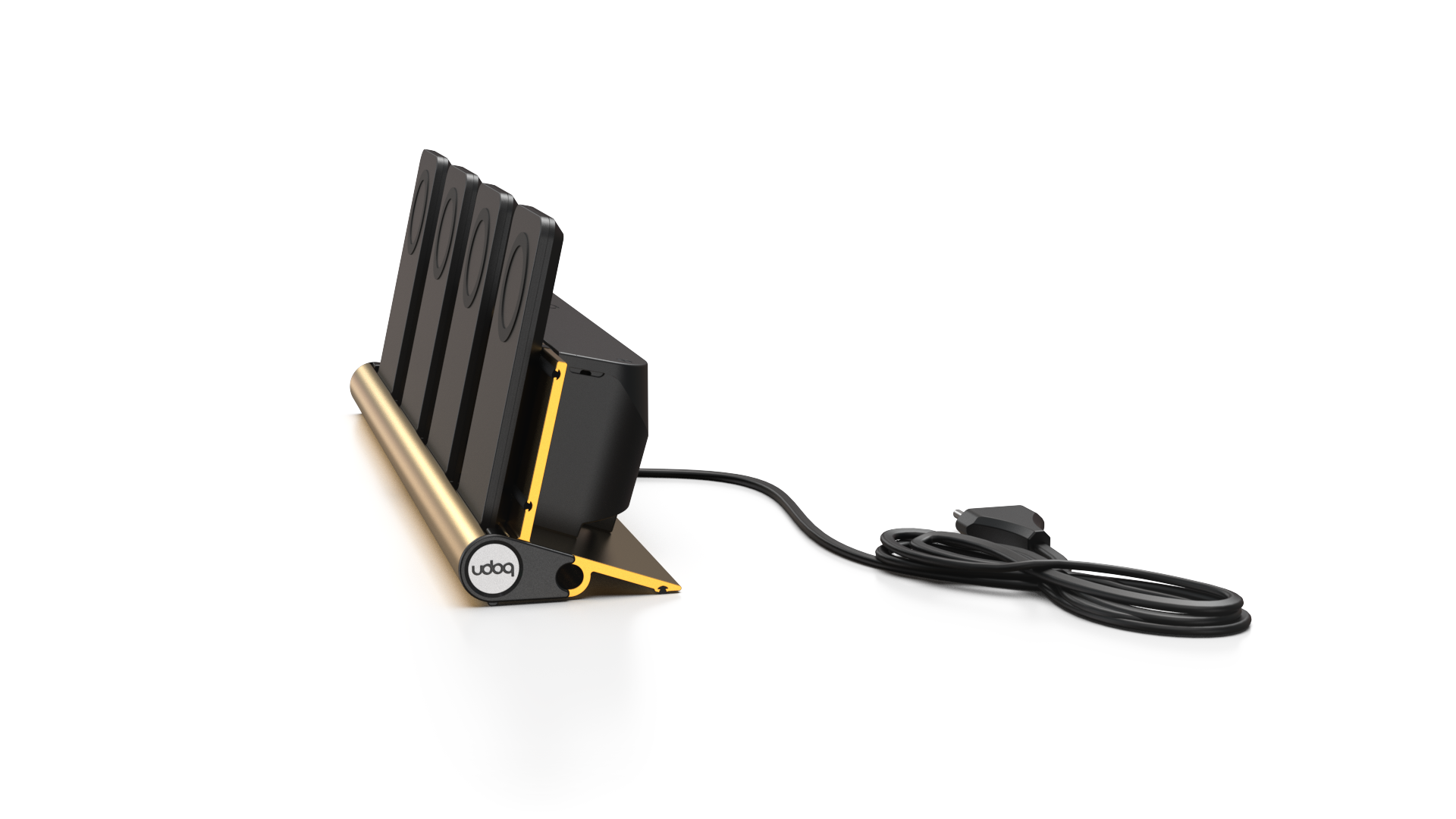 udoq 400 PRO MAGNETIC gold - 4 fach Ladestation gefräst und eloxiert aus solidem Aluminium. Mit 4 Magnetic MagSafe Adaptern für 4 iPhones.