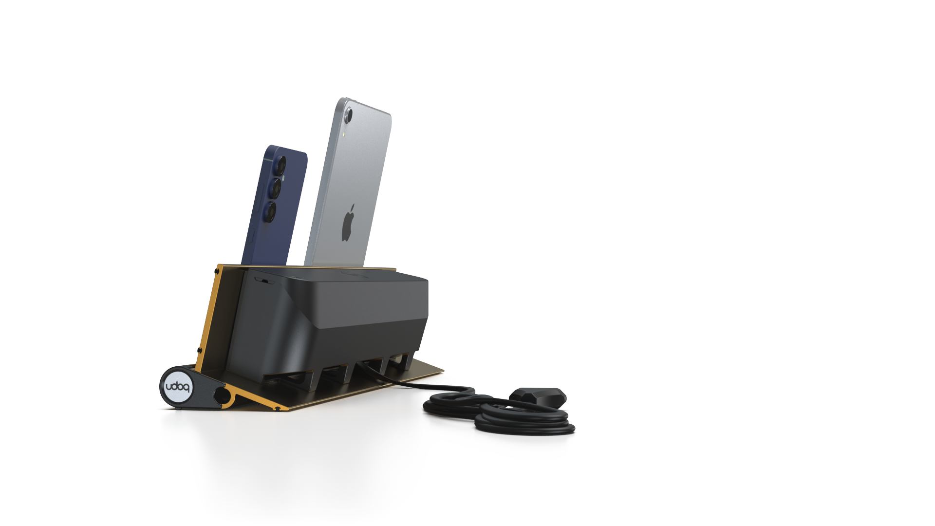 udoq 400 STARTER gold - 2 fach Ladestation gefräst und eloxiert aus solidem Aluminium. Exklusives Design mit patentierten verschiebbaren Anschlüssen. Lade platzsparend alle iPad, iPhone, AirPods, Apple Watch und Android Geräte mit bis zu 136W.