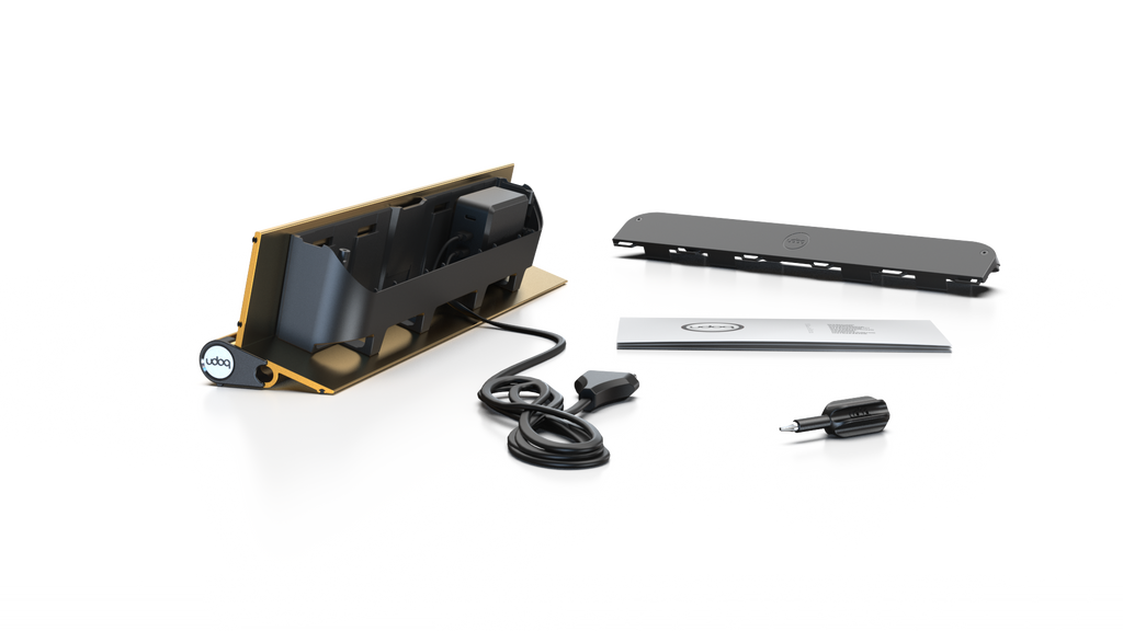 udoq 400 STARTER gold - 2 fach Ladestation gefräst und eloxiert aus solidem Aluminium. Exklusives Design mit patentierten verschiebbaren Anschlüssen. Lade platzsparend alle iPad, iPhone, AirPods, Apple Watch und Android Geräte mit bis zu 136W.