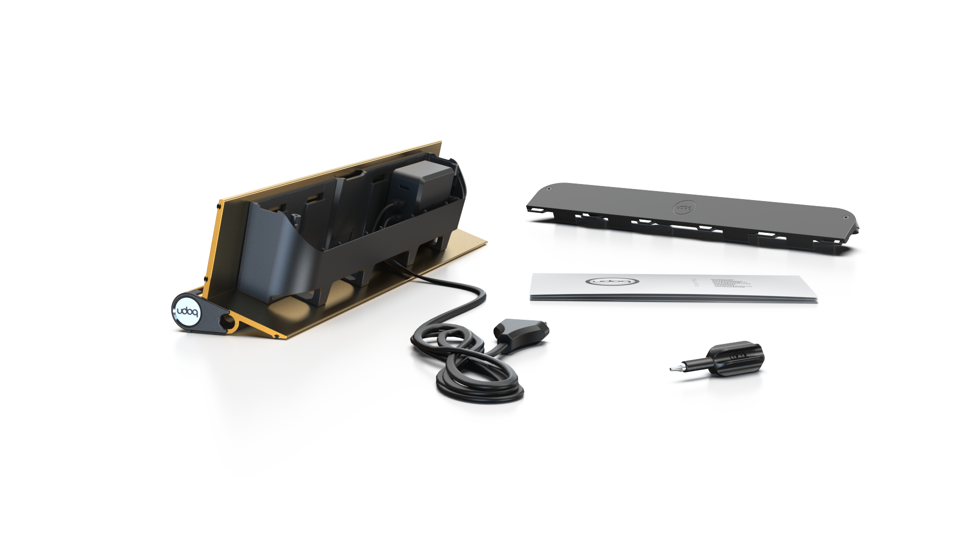 udoq 400 STARTER gold - 2 fach Ladestation gefräst und eloxiert aus solidem Aluminium. Exklusives Design mit patentierten verschiebbaren Anschlüssen. Lade platzsparend alle iPad, iPhone, AirPods, Apple Watch und Android Geräte mit bis zu 136W.