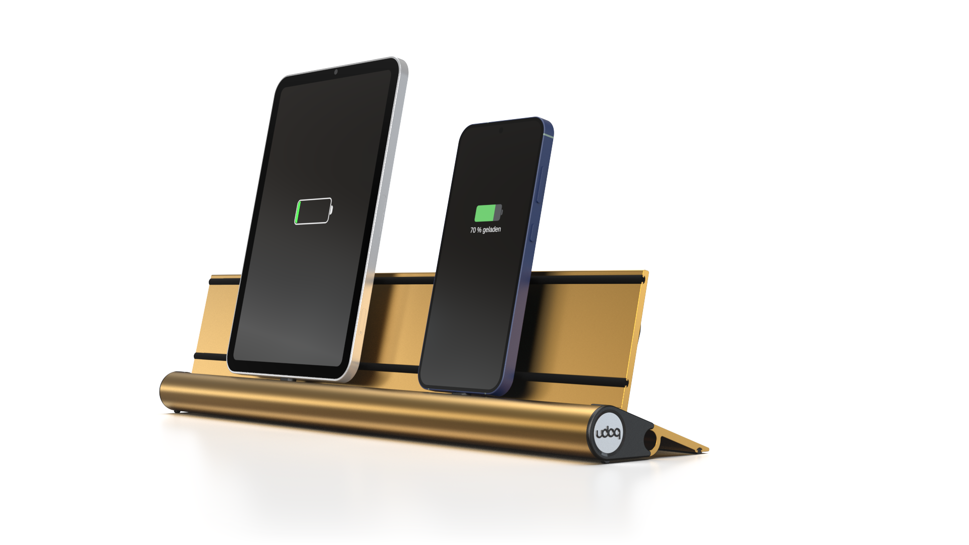udoq 400 STARTER gold - 2 fach Ladestation gefräst und eloxiert aus solidem Aluminium. Exklusives Design mit patentierten verschiebbaren Anschlüssen. Lade platzsparend alle iPad, iPhone, AirPods, Apple Watch und Android Geräte mit bis zu 136W.