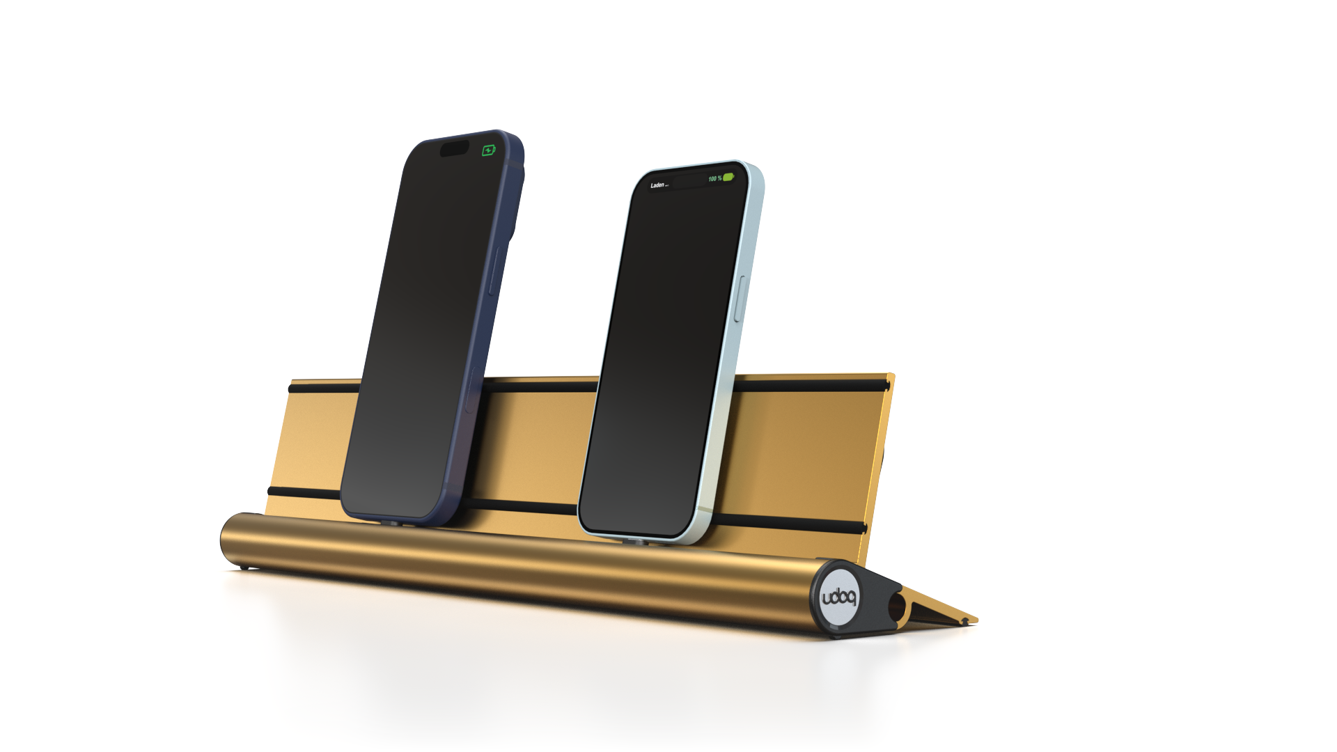 udoq 400 STARTER gold - 2 fach Ladestation gefräst und eloxiert aus solidem Aluminium. Exklusives Design mit patentierten verschiebbaren Anschlüssen. Lade platzsparend alle iPad, iPhone, AirPods, Apple Watch und Android Geräte mit bis zu 136W.