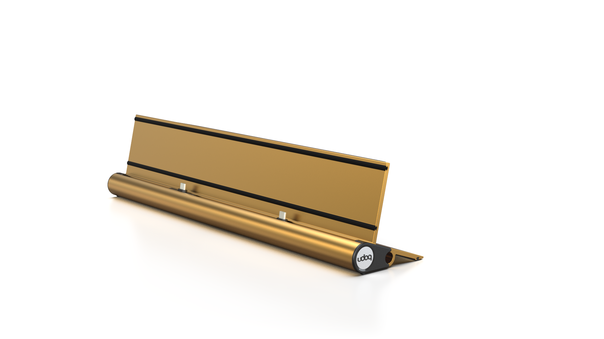 udoq 400 STARTER gold - 2 fach Ladestation gefräst und eloxiert aus solidem Aluminium. Exklusives Design mit patentierten verschiebbaren Anschlüssen. Lade platzsparend alle iPad, iPhone, AirPods, Apple Watch und Android Geräte mit bis zu 136W.