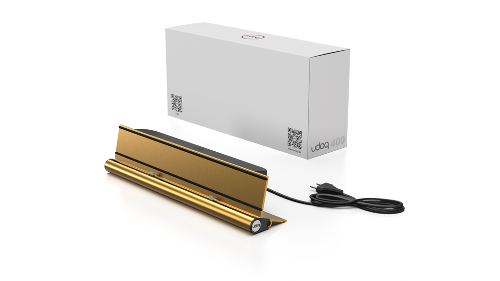 udoq 400 STARTER gold - 2 fach Ladestation gefräst und eloxiert aus solidem Aluminium. Exklusives Design mit patentierten verschiebbaren Anschlüssen. Lade platzsparend alle iPad, iPhone, AirPods, Apple Watch und Android Geräte mit bis zu 136W.