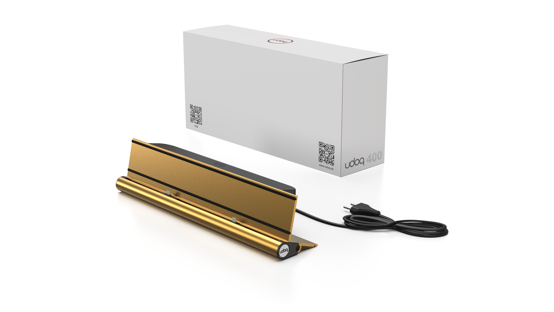udoq 400 STARTER gold - 2 fach Ladestation gefräst und eloxiert aus solidem Aluminium. Exklusives Design mit patentierten verschiebbaren Anschlüssen. Lade platzsparend alle iPad, iPhone, AirPods, Apple Watch und Android Geräte mit bis zu 136W.