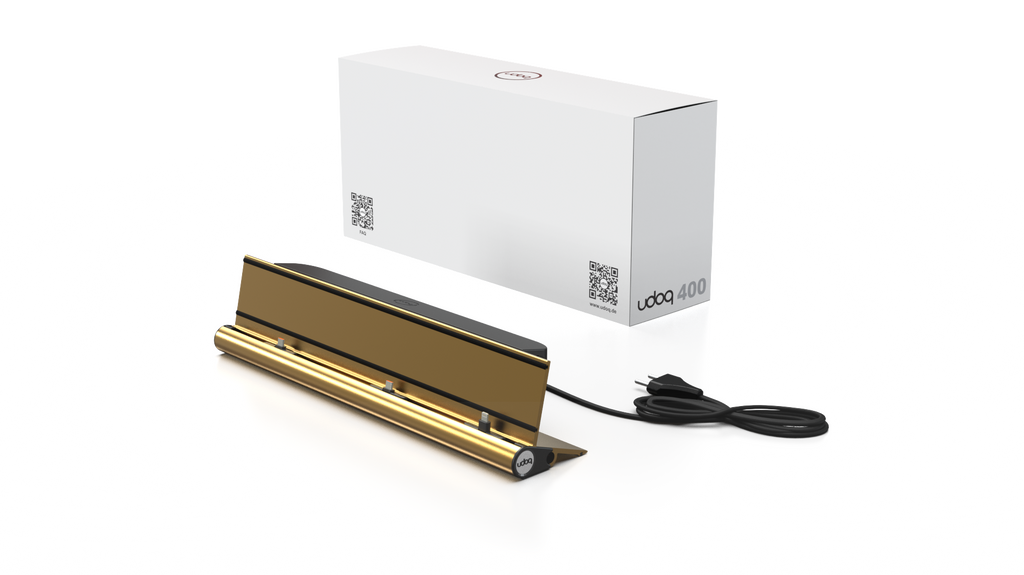 udoq 400 STARTER gold - 5 fach Ladestation gefräst und eloxiert aus solidem Aluminium. Exklusives Design mit patentierten verschiebbaren Anschlüssen. Lade platzsparend alle iPad, iPhone, AirPods, Apple Watch und Android Geräte mit bis zu 136W.