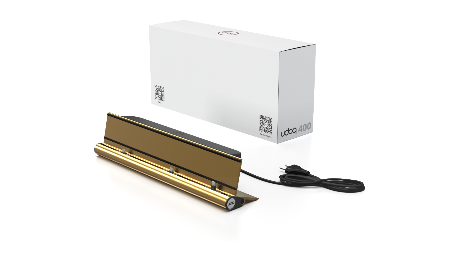 udoq 400 STARTER gold - 5 fach Ladestation gefräst und eloxiert aus solidem Aluminium. Exklusives Design mit patentierten verschiebbaren Anschlüssen. Lade platzsparend alle iPad, iPhone, AirPods, Apple Watch und Android Geräte mit bis zu 136W.