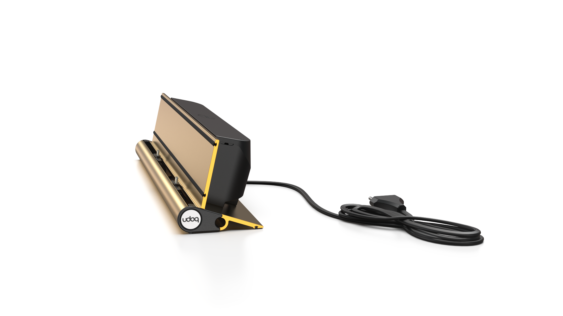 udoq 400 STARTER gold - 2 fach Ladestation gefräst und eloxiert aus solidem Aluminium. Exklusives Design mit patentierten verschiebbaren Anschlüssen. Lade platzsparend alle iPad, iPhone, AirPods, Apple Watch und Android Geräte mit bis zu 136W.