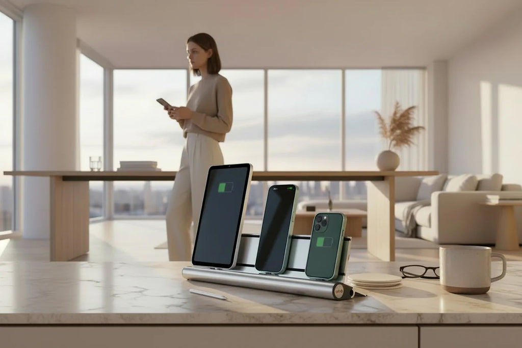 udoq 400 STARTER silber - 2 fach Ladestation gefräst und eloxiert aus solidem Aluminium. Exklusives Design mit patentierten verschiebbaren Anschlüssen. Lade platzsparend alle iPad, iPhone, AirPods, Apple Watch und Android Geräte mit bis zu 136W.