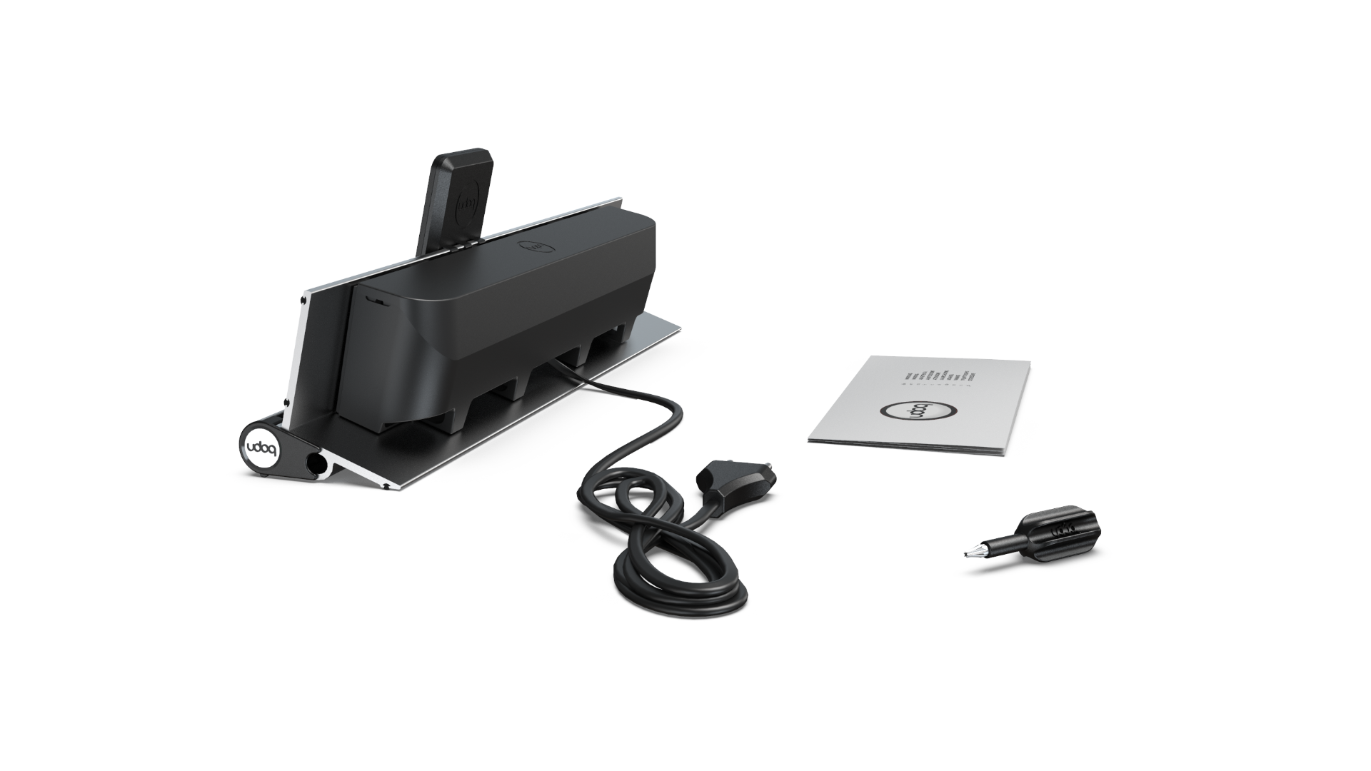 udoq 400 PREMIUM silber - 4 fach Ladestation gefräst und eloxiert aus solidem Aluminium. Exklusives Design mit patentierten verschiebbaren Anschlüssen. Lade platzsparend alle iPad, iPhone, AirPods, Apple Watch und Android Geräte mit bis zu 136W.