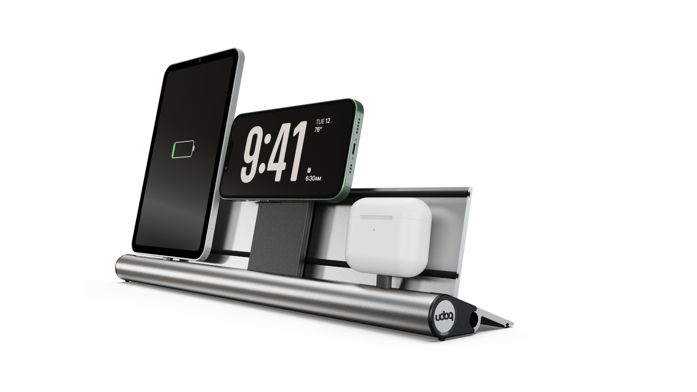 udoq 400 PREMIUM silber - 4 fach Ladestation gefräst und eloxiert aus solidem Aluminium. Exklusives Design mit patentierten verschiebbaren Anschlüssen. Lade platzsparend alle iPad, iPhone, AirPods, Apple Watch und Android Geräte mit bis zu 136W.