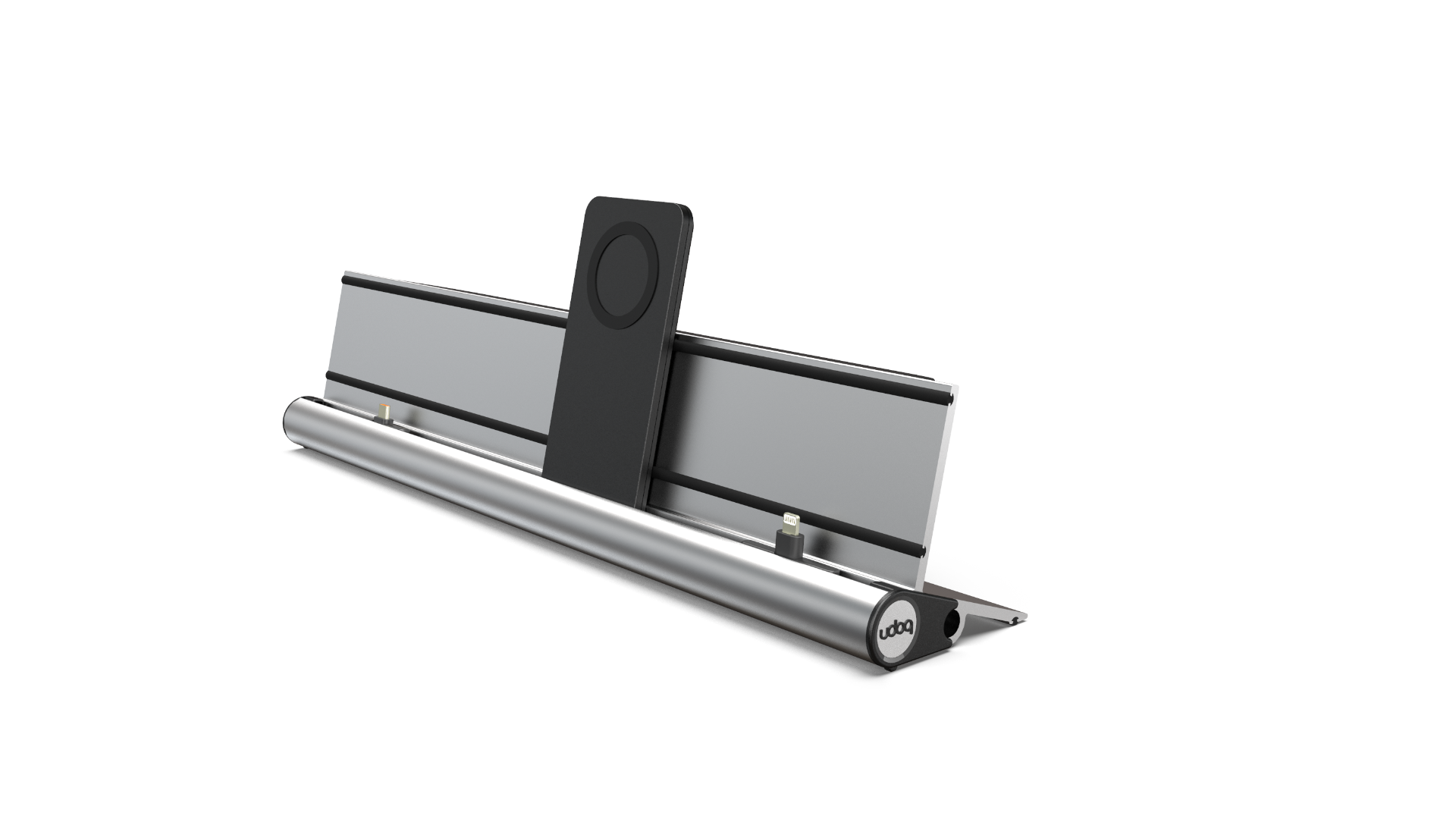 udoq 400 PREMIUM silber - 4 fach Ladestation gefräst und eloxiert aus solidem Aluminium. Exklusives Design mit patentierten verschiebbaren Anschlüssen. Lade platzsparend alle iPad, iPhone, AirPods, Apple Watch und Android Geräte mit bis zu 136W.