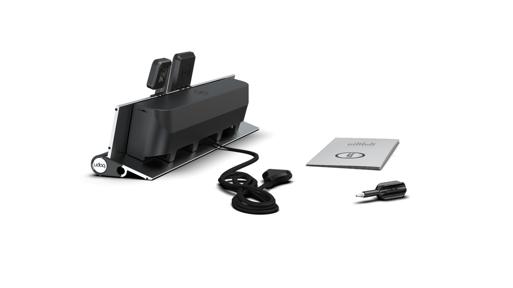 udoq 400 PREMIUM WATCH silber - 4 fach Ladestation gefräst und eloxiert aus solidem Aluminium. Exklusives Design mit patentierten verschiebbaren Anschlüssen. Lade platzsparend alle iPad, iPhone, AirPods, Apple Watch und Android Geräte mit bis zu 136W.