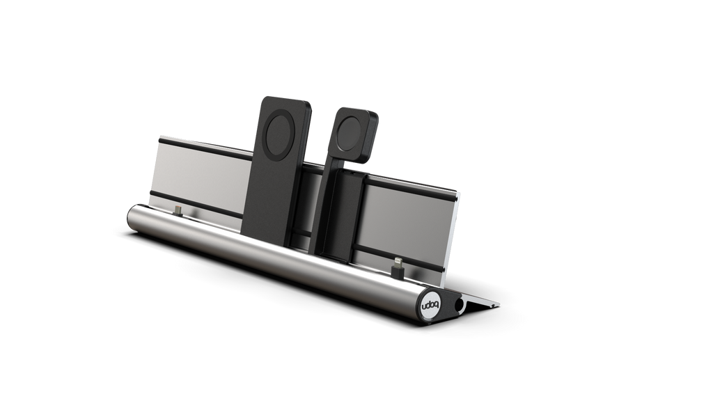 udoq 400 PREMIUM WATCH silber - 4 fach Ladestation gefräst und eloxiert aus solidem Aluminium. Exklusives Design mit patentierten verschiebbaren Anschlüssen. Lade platzsparend alle iPad, iPhone, AirPods, Apple Watch und Android Geräte mit bis zu 136W.