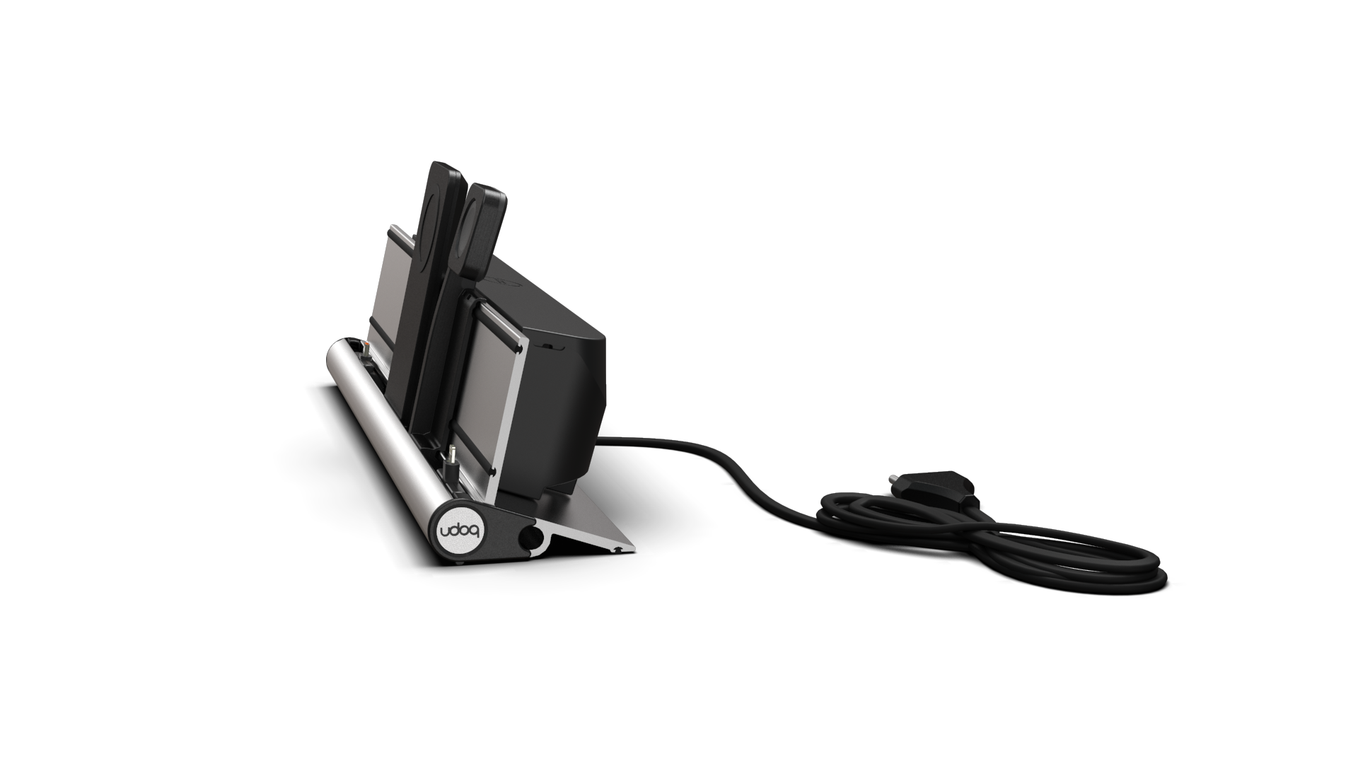 udoq 400 PREMIUM WATCH silber - 4 fach Ladestation gefräst und eloxiert aus solidem Aluminium. Exklusives Design mit patentierten verschiebbaren Anschlüssen. Lade platzsparend alle iPad, iPhone, AirPods, Apple Watch und Android Geräte mit bis zu 136W.