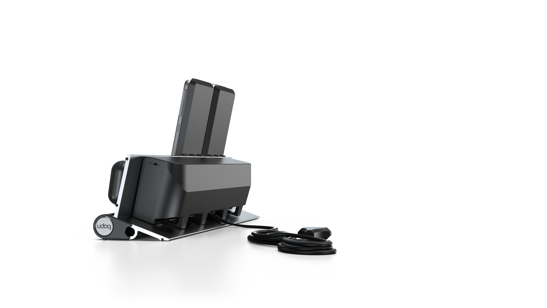 udoq 400 Wireless silber - 4 fach Ladestation gefräst und eloxiert aus solidem Aluminium. Exklusives Design mit patentierten verschiebbaren Anschlüssen. Lade platzsparend alle iPad, iPhone, AirPods, Apple Watch und Android Geräte mit bis zu 136W.