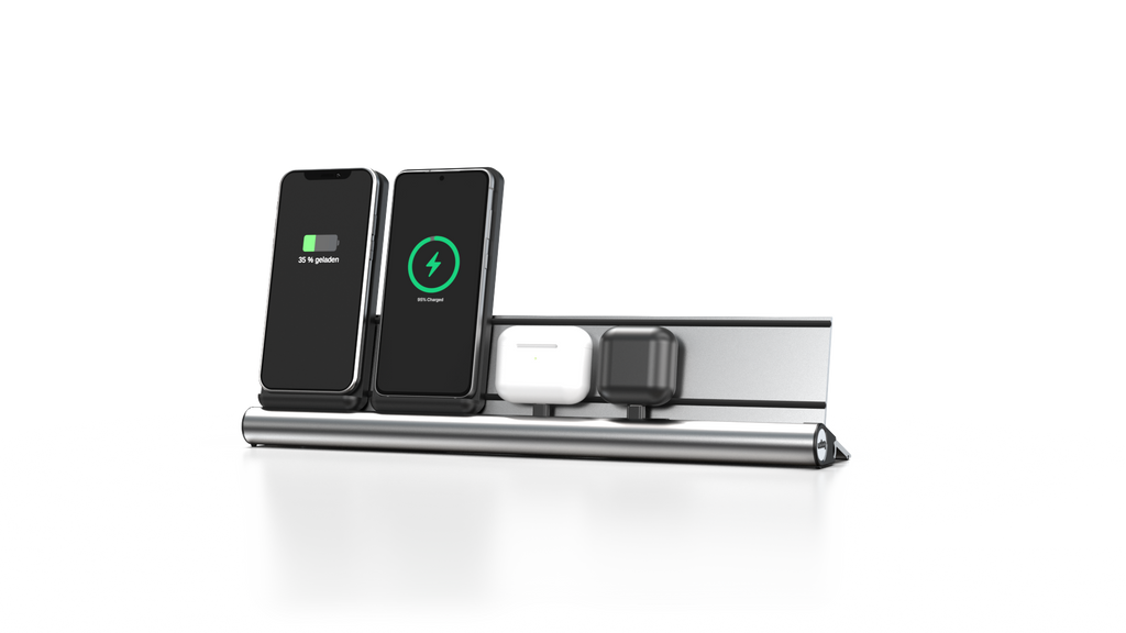 udoq 400 Wireless silber - 4 fach Ladestation gefräst und eloxiert aus solidem Aluminium. Exklusives Design mit patentierten verschiebbaren Anschlüssen. Lade platzsparend alle iPad, iPhone, AirPods, Apple Watch und Android Geräte mit bis zu 136W.