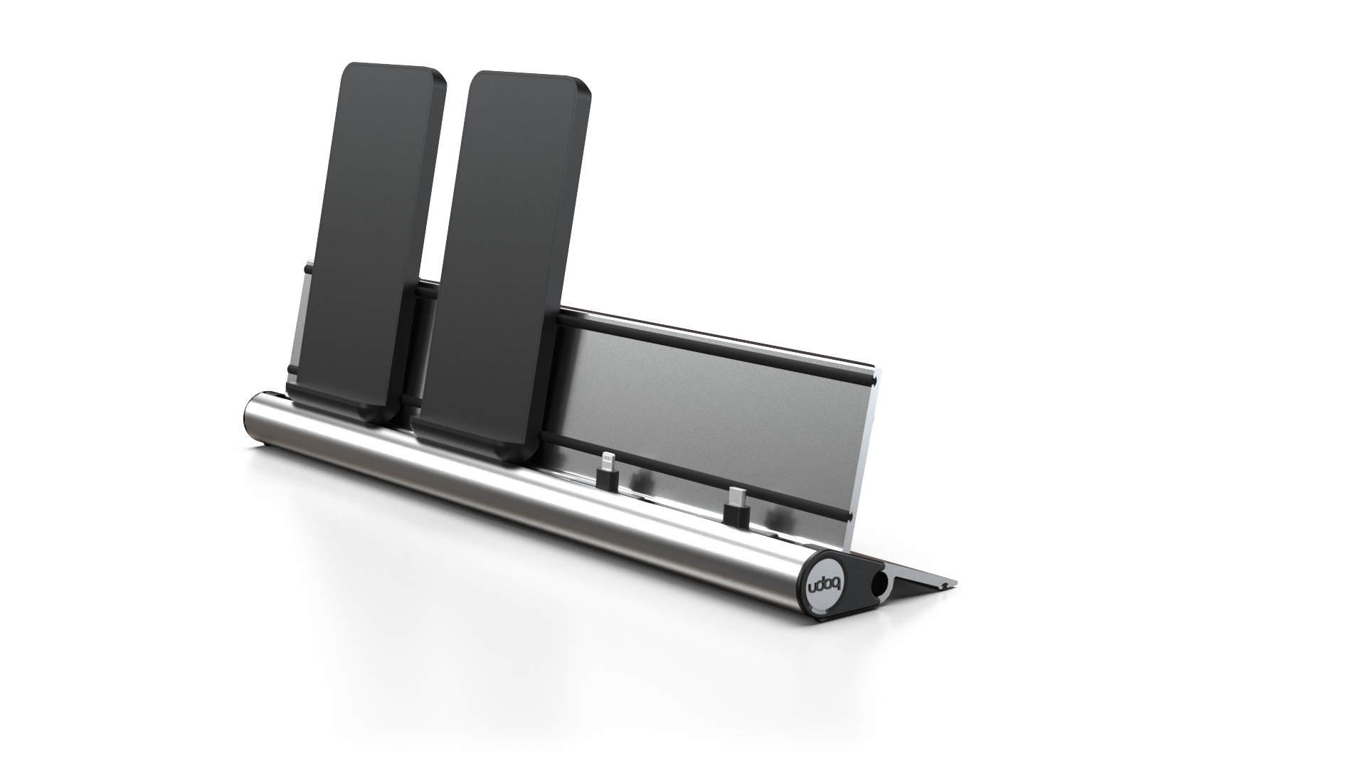 udoq 400 Wireless silber - 4 fach Ladestation gefräst und eloxiert aus solidem Aluminium. Exklusives Design mit patentierten verschiebbaren Anschlüssen. Lade platzsparend alle iPad, iPhone, AirPods, Apple Watch und Android Geräte mit bis zu 136W.