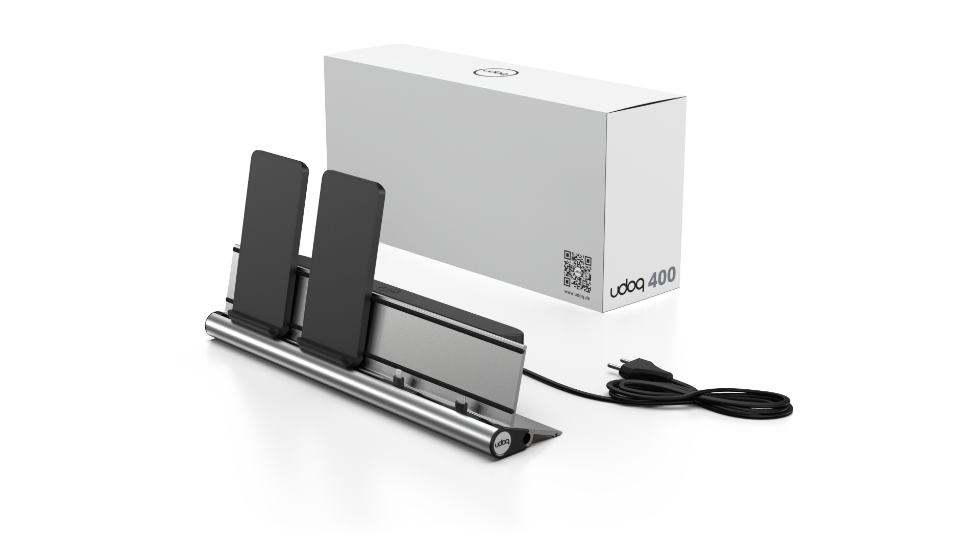 udoq 400 Wireless silber - 4 fach Ladestation gefräst und eloxiert aus solidem Aluminium. Exklusives Design mit patentierten verschiebbaren Anschlüssen. Lade platzsparend alle iPad, iPhone, AirPods, Apple Watch und Android Geräte mit bis zu 136W.