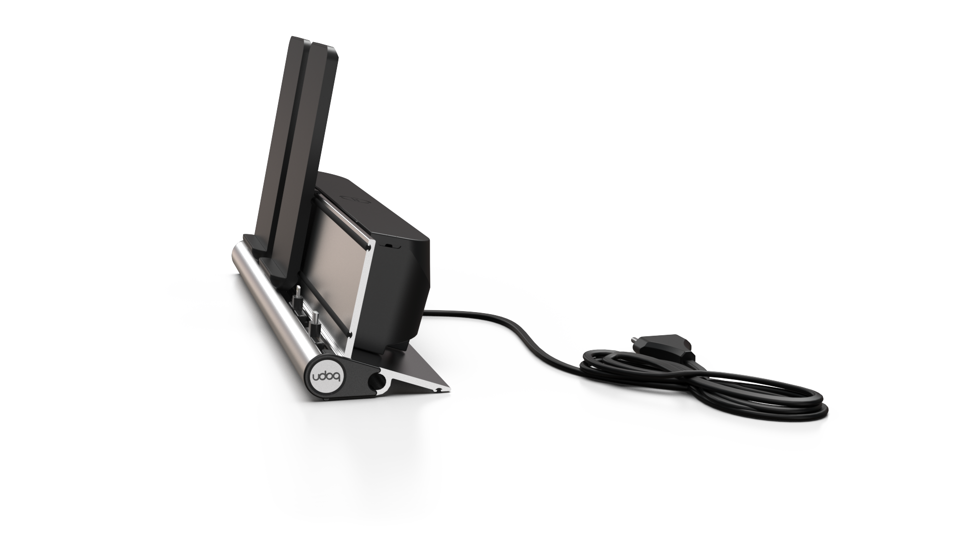 udoq 400 Wireless silber - 4 fach Ladestation gefräst und eloxiert aus solidem Aluminium. Exklusives Design mit patentierten verschiebbaren Anschlüssen. Lade platzsparend alle iPad, iPhone, AirPods, Apple Watch und Android Geräte mit bis zu 136W.