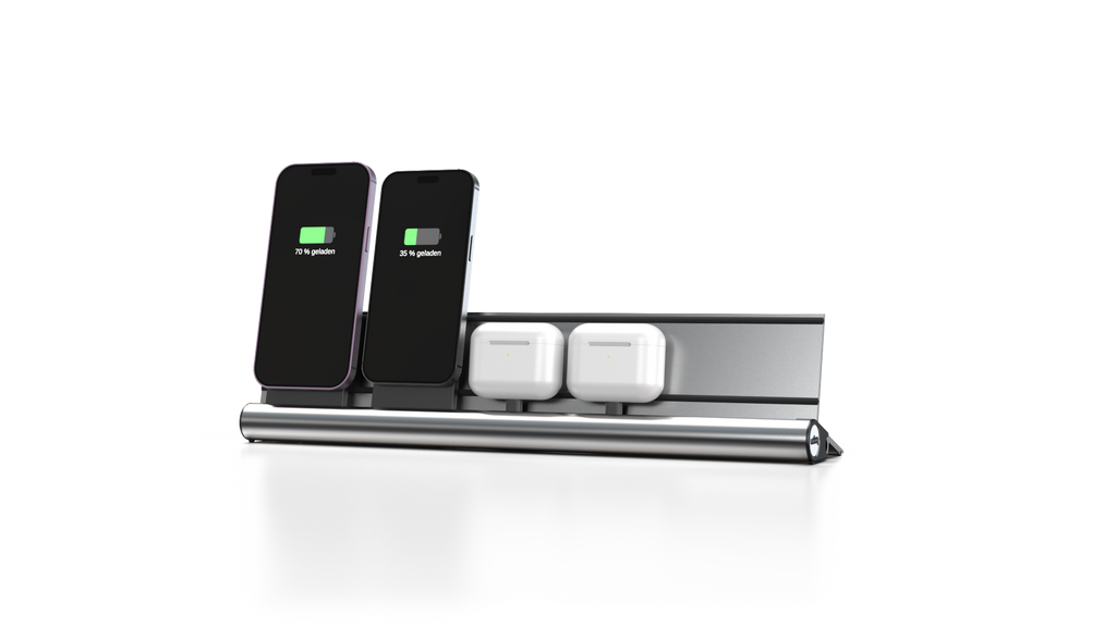 udoq 400 MAGNETIC silber - 4 fach Ladestation gefräst und eloxiert aus solidem Aluminium. Exklusives Design mit patentierten verschiebbaren Anschlüssen. Lade platzsparend alle iPad, iPhone, AirPods, Apple Watch und Android Geräte mit bis zu 136W.