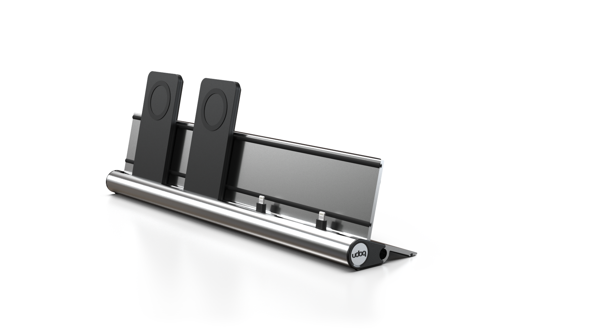 udoq 400 MAGNETIC silber - 4 fach Ladestation gefräst und eloxiert aus solidem Aluminium. Exklusives Design mit patentierten verschiebbaren Anschlüssen. Lade platzsparend alle iPad, iPhone, AirPods, Apple Watch und Android Geräte mit bis zu 136W.