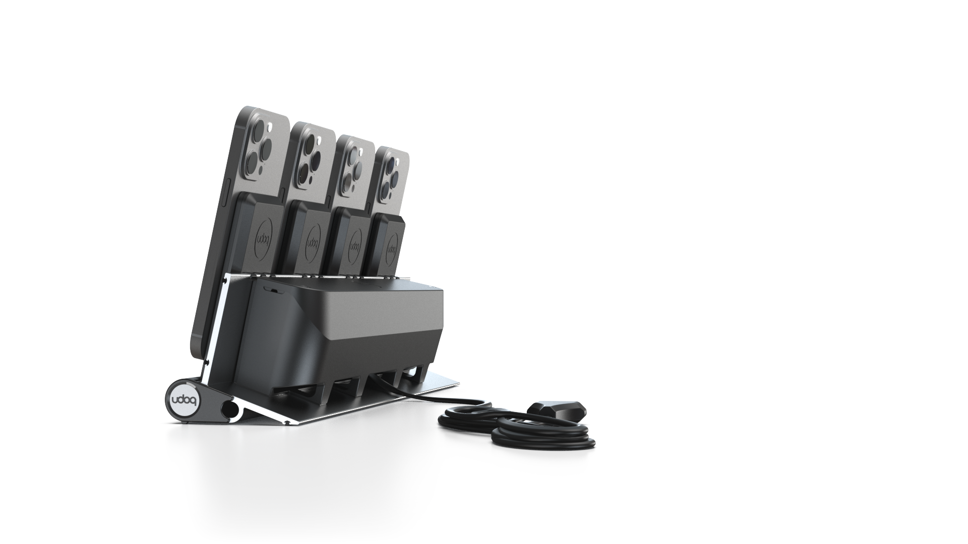 udoq 400 PRO MAGNETIC silber - 4 fach Ladestation gefräst und eloxiert aus solidem Aluminium. Mit 4 Magnetic MagSafe Adaptern für 4 iPhones.