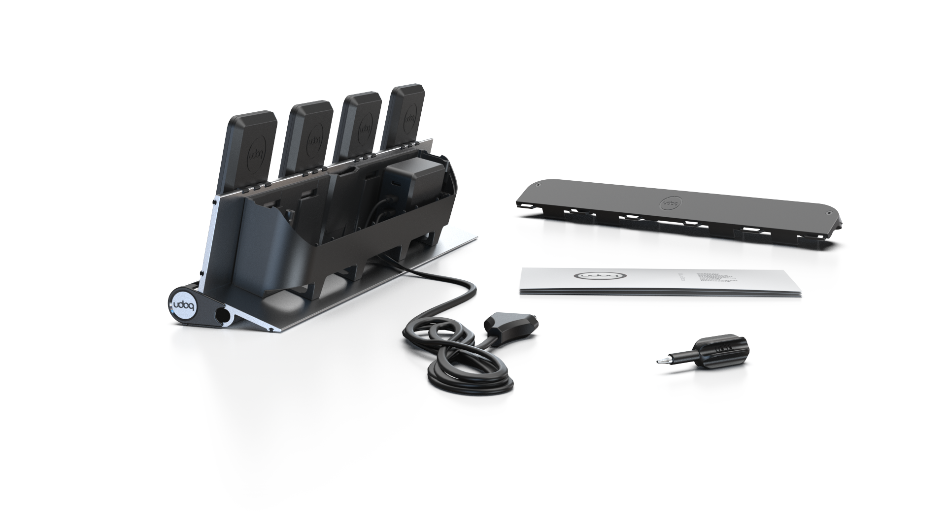 udoq 400 PRO MAGNETIC silber - 4 fach Ladestation gefräst und eloxiert aus solidem Aluminium. Mit 4 Magnetic MagSafe Adaptern für 4 iPhones.