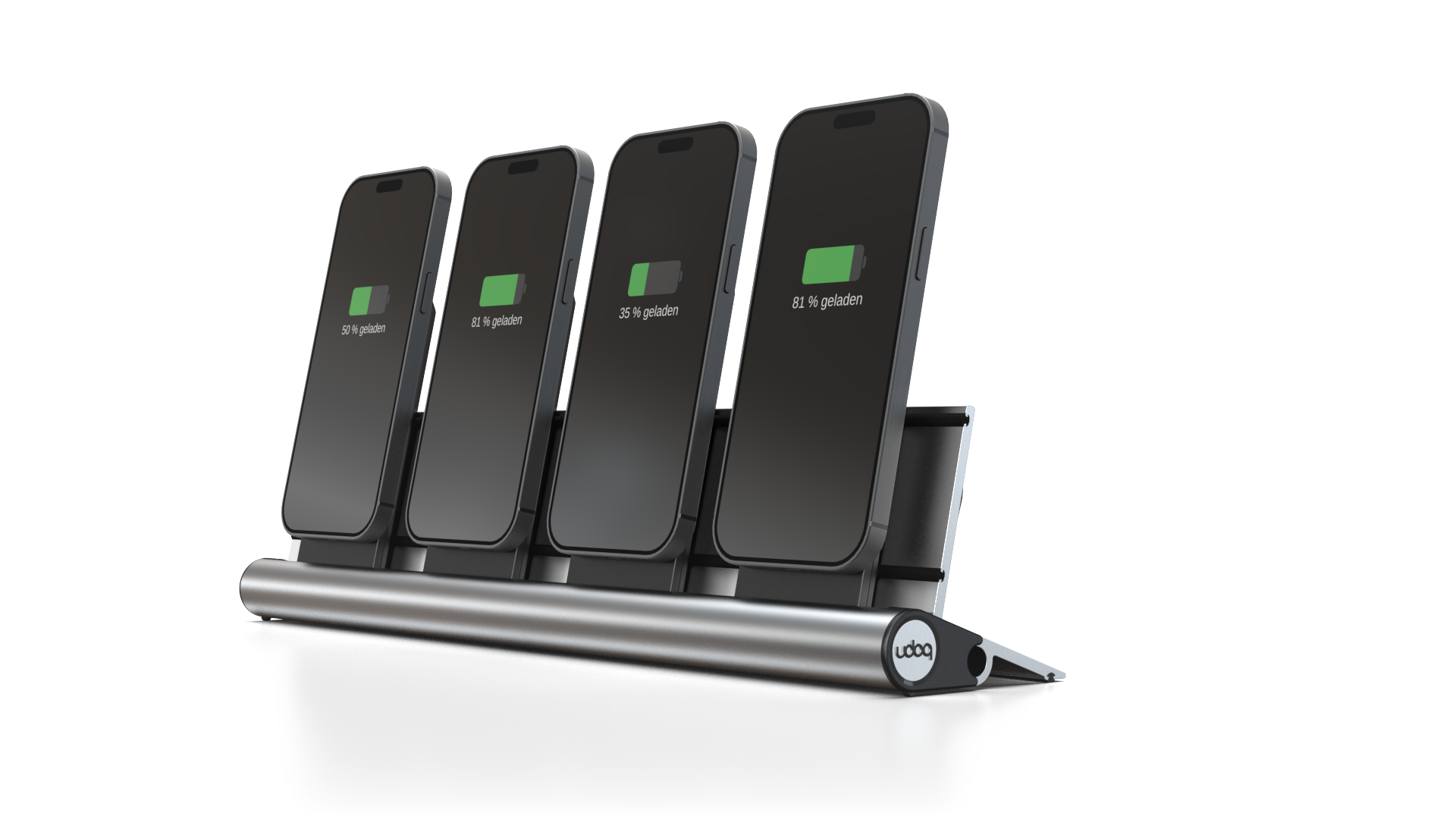 udoq 400 PRO MAGNETIC silber - 4 fach Ladestation gefräst und eloxiert aus solidem Aluminium. Mit 4 Magnetic MagSafe Adaptern für 4 iPhones.
