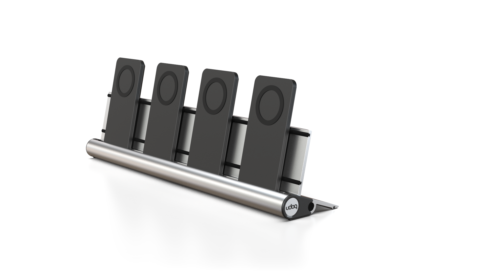 udoq 400 PRO MAGNETIC silber - 4 fach Ladestation gefräst und eloxiert aus solidem Aluminium. Mit 4 Magnetic MagSafe Adaptern für 4 iPhones.
