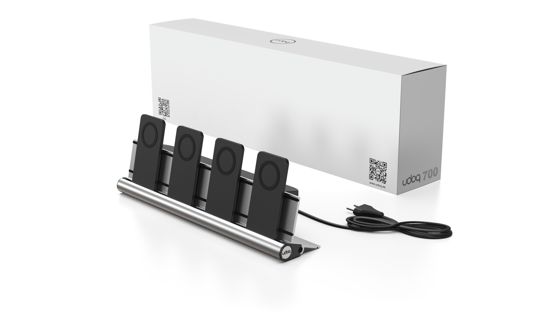 udoq 400 PRO MAGNETIC silber - 4 fach Ladestation gefräst und eloxiert aus solidem Aluminium. Mit 4 Magnetic MagSafe Adaptern für 4 iPhones.