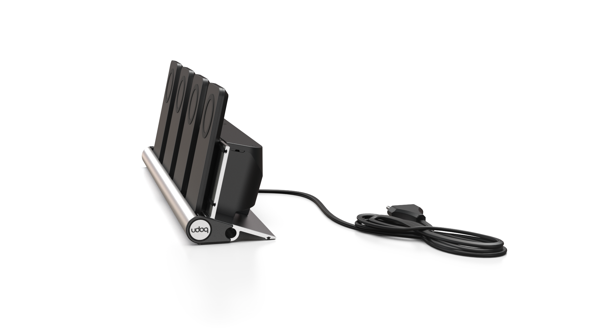 udoq 400 PRO MAGNETIC silber - 4 fach Ladestation gefräst und eloxiert aus solidem Aluminium. Mit 4 Magnetic MagSafe Adaptern für 4 iPhones.