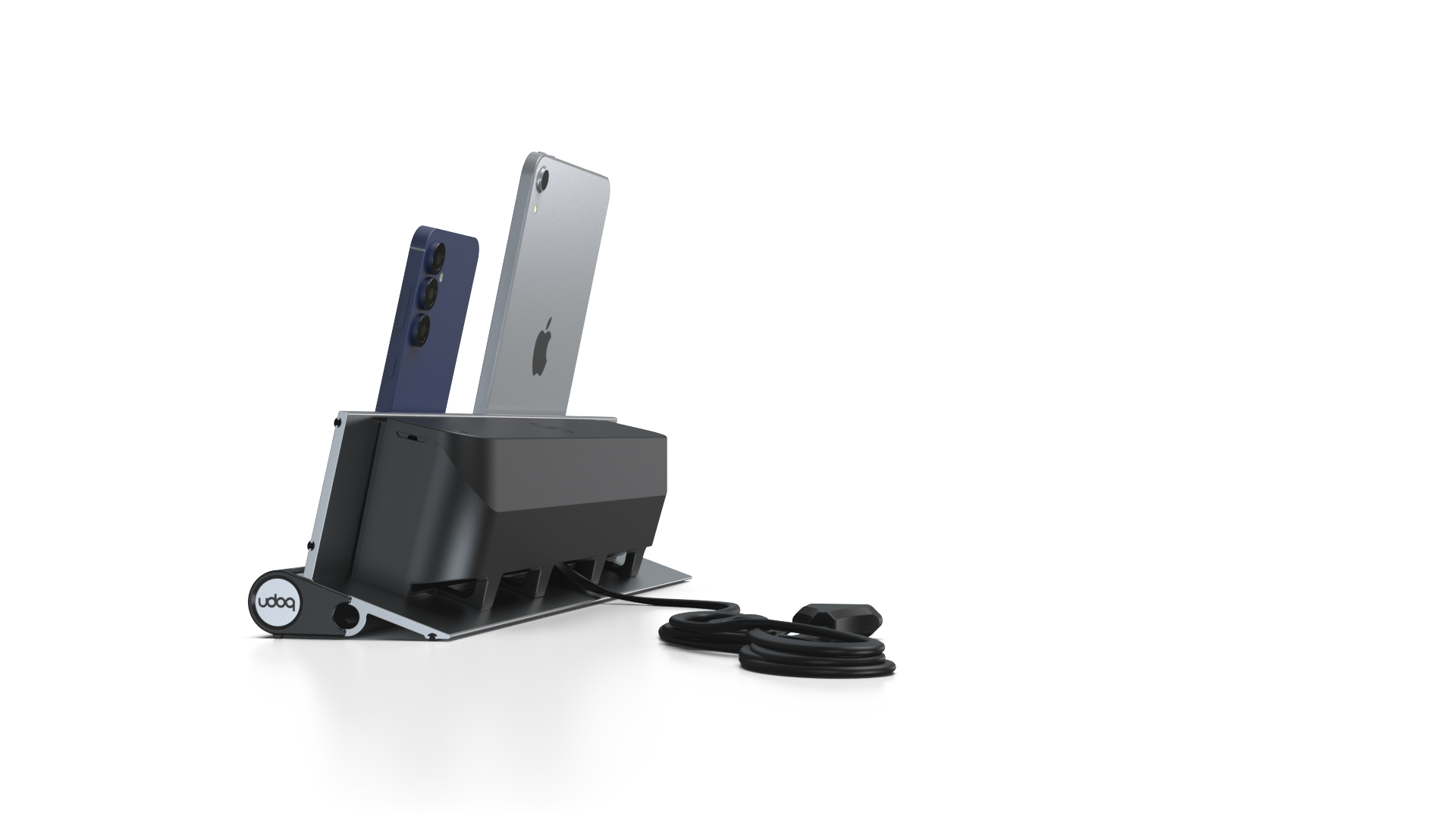 udoq 400 STARTER silber - 2 fach Ladestation gefräst und eloxiert aus solidem Aluminium. Exklusives Design mit patentierten verschiebbaren Anschlüssen. Lade platzsparend alle iPad, iPhone, AirPods, Apple Watch und Android Geräte mit bis zu 136W.