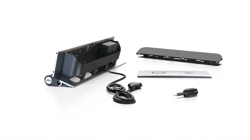 udoq 400 STARTER silber - 2 fach Ladestation gefräst und eloxiert aus solidem Aluminium. Exklusives Design mit patentierten verschiebbaren Anschlüssen. Lade platzsparend alle iPad, iPhone, AirPods, Apple Watch und Android Geräte mit bis zu 136W.