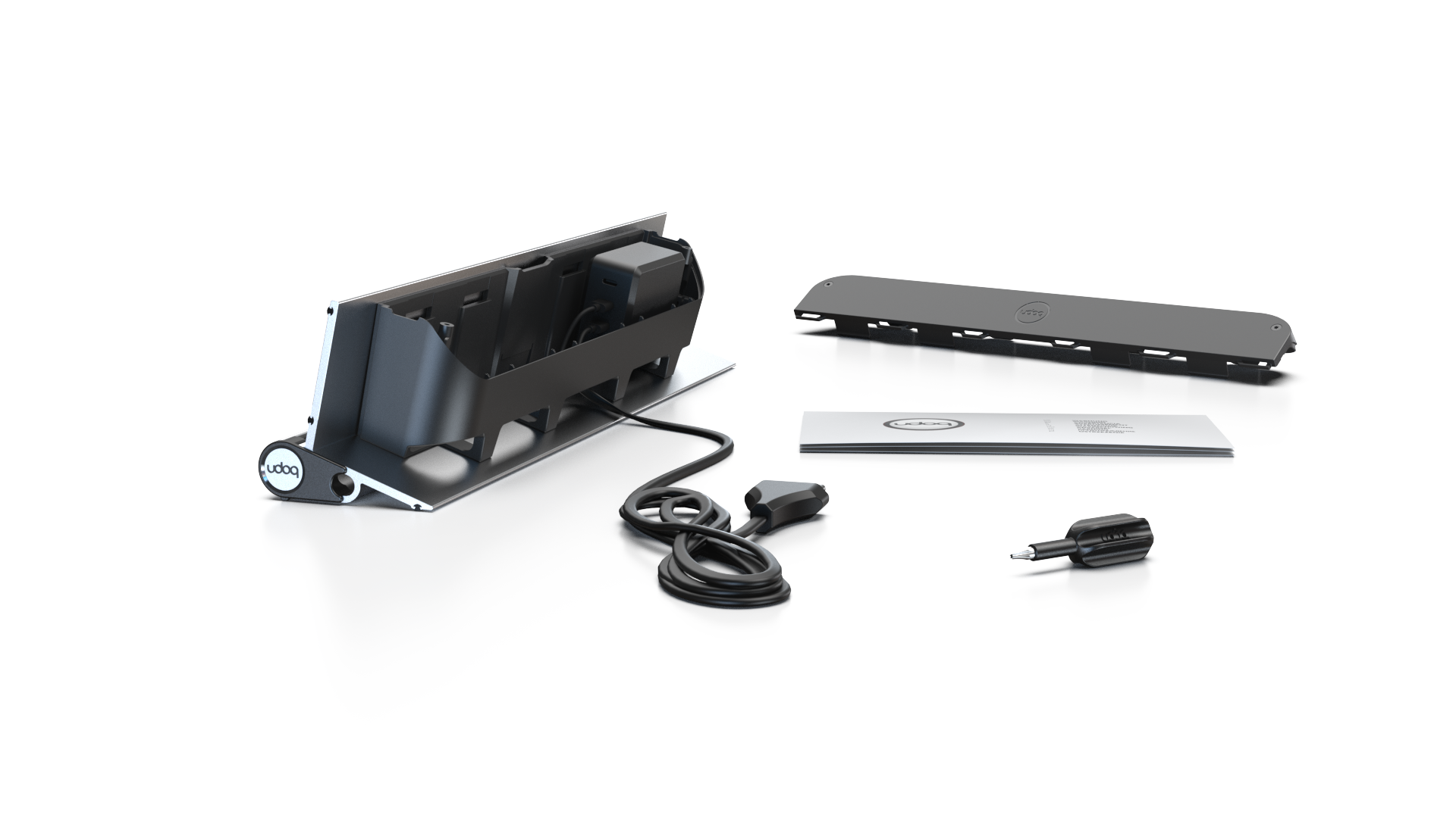 udoq 400 STARTER silber - 2 fach Ladestation gefräst und eloxiert aus solidem Aluminium. Exklusives Design mit patentierten verschiebbaren Anschlüssen. Lade platzsparend alle iPad, iPhone, AirPods, Apple Watch und Android Geräte mit bis zu 136W.