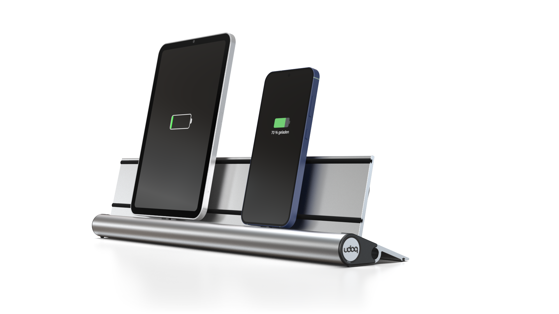 udoq 400 STARTER silber - 2 fach Ladestation gefräst und eloxiert aus solidem Aluminium. Exklusives Design mit patentierten verschiebbaren Anschlüssen. Lade platzsparend alle iPad, iPhone, AirPods, Apple Watch und Android Geräte mit bis zu 136W.