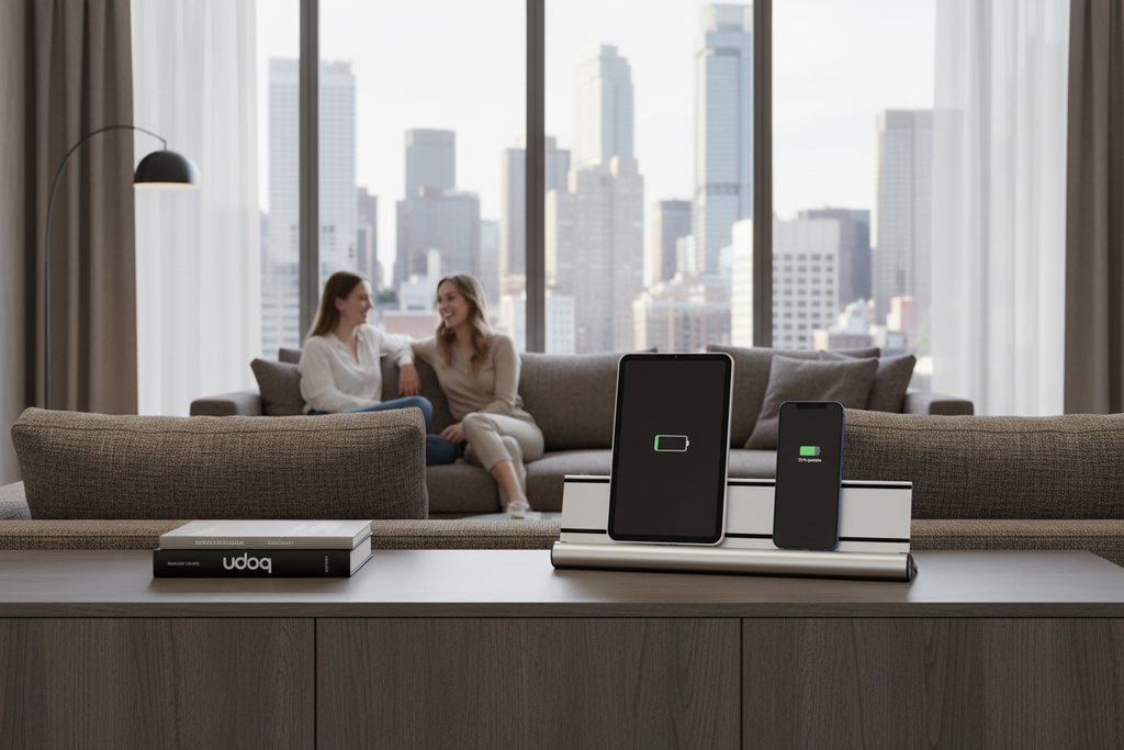Luxury premium aluminium charging station with exchangeable connectors and wireless adapters for multiple iPhone, iPad, Smartphones, Tablets, AirPods, Android, Apple Watch, eReader, Headsets, Designed in Germany AA silber