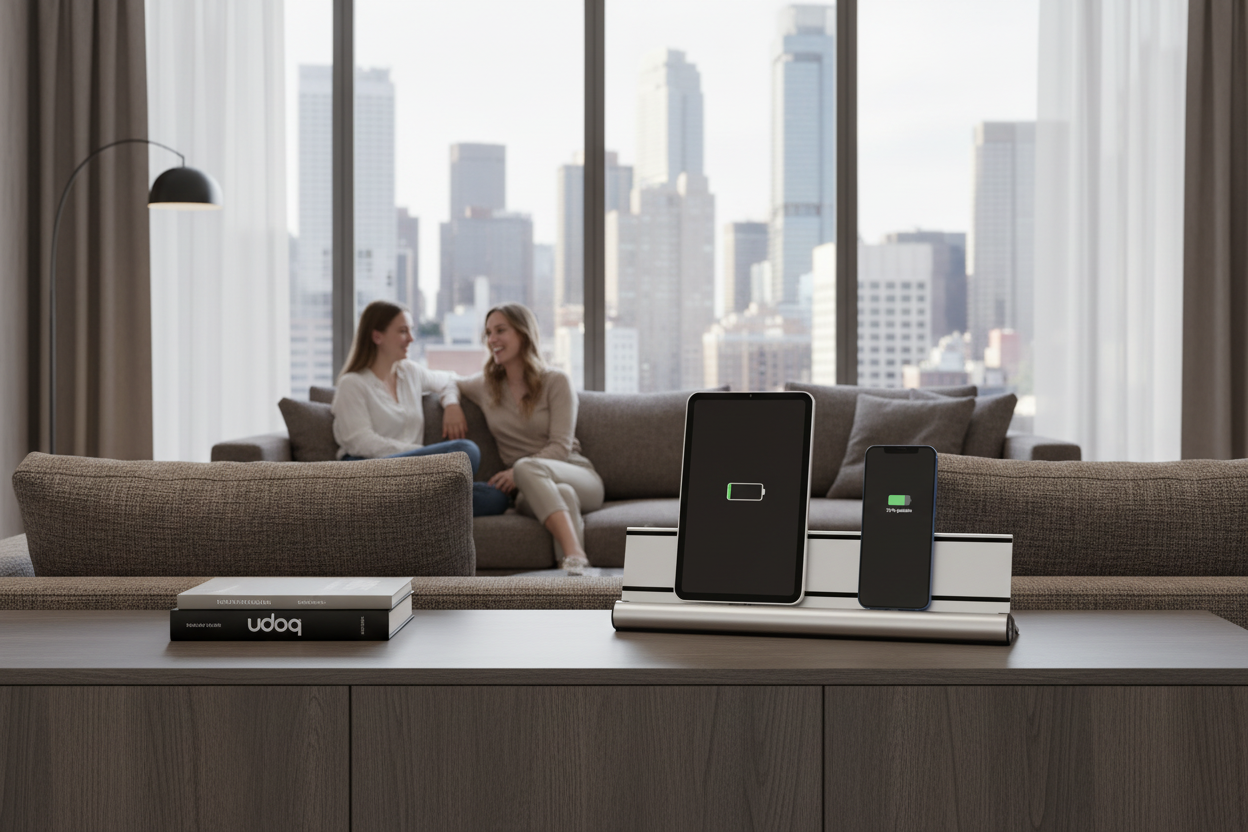 Luxury premium aluminium charging station with exchangeable connectors and wireless adapters for multiple iPhone, iPad, Smartphones, Tablets, AirPods, Android, Apple Watch, eReader, Headsets, Designed in Germany AA silber
