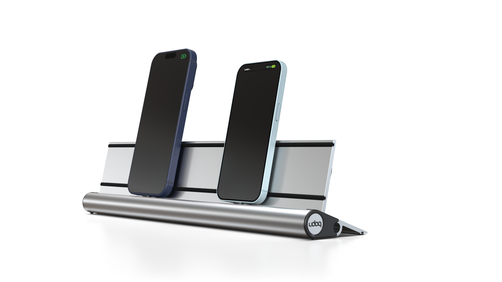 udoq 400 STARTER silber - 2 fach Ladestation gefräst und eloxiert aus solidem Aluminium. Exklusives Design mit patentierten verschiebbaren Anschlüssen. Lade platzsparend alle iPad, iPhone, AirPods, Apple Watch und Android Geräte mit bis zu 136W.